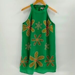 Andree by Unit green halter dress size medium embroidered floral green orange